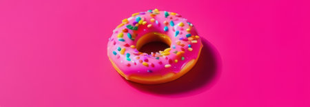 Colorful donut covered in sprinkles, set against vibrant pink background. For bakery website, dessert advertisements, cafe, restaurant menu, on food blog, social media, culinary book, magazine. bannerの素材