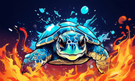 Serene turtle gracefully gliding through shimmering ocean waters, illuminated by warm hues of breathtaking sunset. For fashion, clothing design, animal themed clothing advertising, Tshirt, postcardの素材