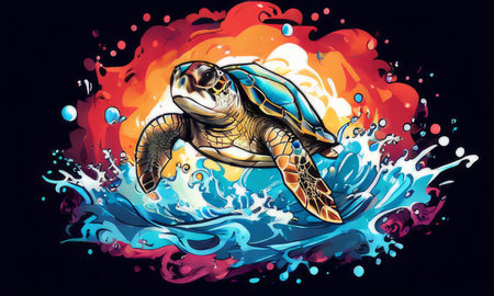 Serene turtle gracefully gliding through shimmering ocean waters, illuminated by warm hues of breathtaking sunset. For fashion, clothing design, animal themed clothing advertising, Tshirt, postcardの素材
