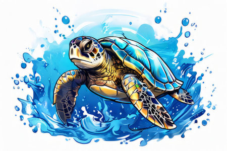 Turtle glides through its aquatic environment, showcasing beauty, tranquility of underwater world. For Tshirt design, posters, postcards, other merchandise with marine theme, childrens books, tourismの素材
