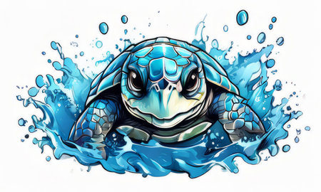 Turtle gracefully swimming in water surrounded by bubbles, showing its serene underwater world. For Tshirt design, posters, postcards, other merchandise with marine theme, childrens booksの素材