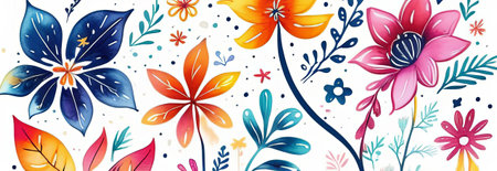 Colorful, intricate painting of flowers, showcasing variety of vibrant hues, all beautifully contrasted against white background. For website design, advertising, greeting card, poster, magazineの素材