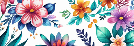 Colorful, intricate painting of flowers, showcasing variety of vibrant hues, all beautifully contrasted against white background. For website design, advertising, greeting card, poster, magazineの素材