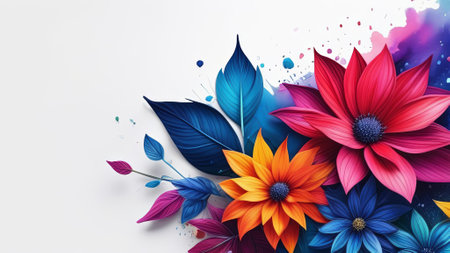 Colorful, intricate painting of flowers, showcasing variety of vibrant hues, all beautifully contrasted against white background. For website design, advertising, greeting card, poster, magazineの素材