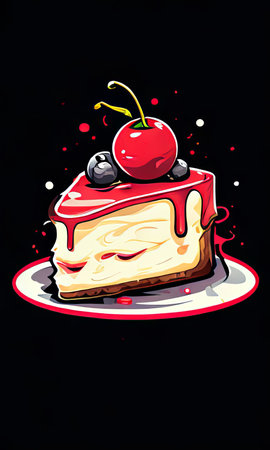 Vibrant, colorful piece of cheesecake has a thick layer of glossy red icing dripping down sides, atop cake few berries. Dark background. For restaurant website, cafe, bakery menu, food blog, magazinesの素材