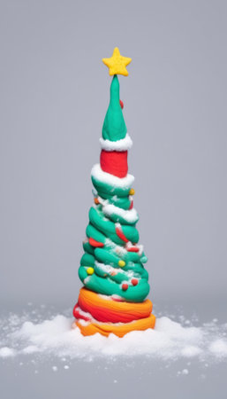 Colorful clay Christmas tree with a star topper, adorned with playful decorations and snow. Vibrant and whimsical design adds festive joy, ideal for holiday cards, creative projects, cheerful decor.の素材