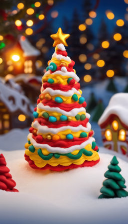 Colorful clay Christmas tree with vibrant layers, star topper, surrounded by snowy miniature village. Warm glowing windows, festive lights in background, creating magical, whimsical holiday scene.の素材
