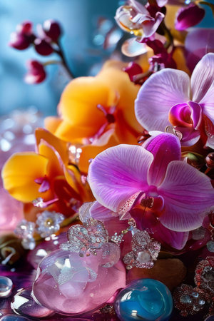 Stunning purple orchid with ice-filled glass, lemon, and vibrant spheres. Fresh and colorful composition ideal for floral, beverage, or wellness sectorsの素材