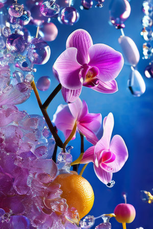 Captivating purple orchid, glass of ice, lemon, and colorful spheres. Bright, modern design perfect for beverage, wellness, or floral promotionsの素材