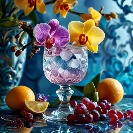Stunning purple orchid with ice-filled glass, lemon, and vibrant spheres. Fresh and colorful composition ideal for floral, beverage, or wellness sectorsの素材