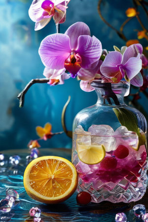 Purple orchid, crystal glass, ice, lemon, and colorful spheres. Modern and fresh design perfect for vibrant, eye-catching promotionsの素材