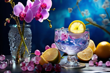 Elegant purple orchid with ice-filled glass, lemon, and vibrant spheres. Ideal for fresh, colorful compositions in beverage, wellness, or floral contextsの素材