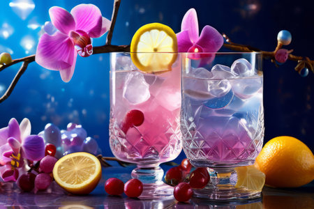 Elegant purple orchid with ice-filled glass, lemon, and vibrant spheres. Ideal for fresh, colorful compositions in beverage, wellness, or floral contextsの素材