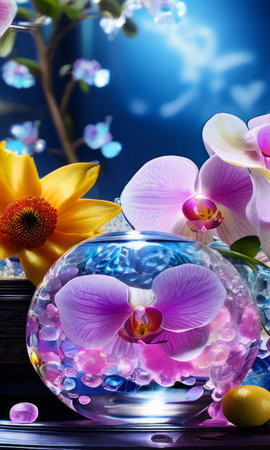 Beautiful purple orchid, ice-filled glass, lemon, and colorful spheres. Bright, modern aesthetic perfect for floral, wellness, or beverage themesの素材
