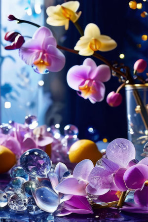 Beautiful purple orchid, ice-filled glass, lemon, and colorful spheres. Bright, modern aesthetic perfect for floral, wellness, or beverage themesの素材