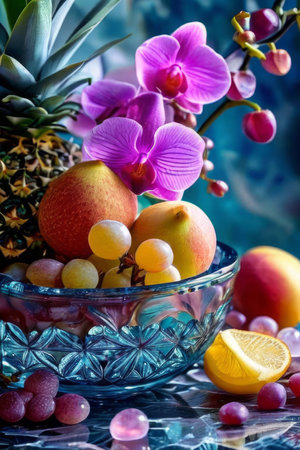 Beautiful purple orchid, ice-filled glass, lemon, and colorful spheres. Bright, modern aesthetic perfect for floral, wellness, or beverage themesの素材