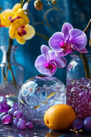 Vibrant composition featuring purple orchid, glass with ice cubes, yellow lemon, colorful spheres. Modern, fresh aesthetic ideal for beverage, wellness, floral themes. Bright, enticing colorsの素材