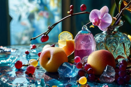 Elegant purple orchid with crystal glass of ice, lemon, and vibrant spheres. Perfect for floral, beverage, or wellness themes. Bright colors, fresh and modern compositionの素材