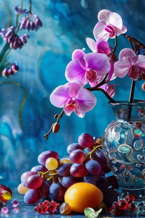 Elegant purple orchid with crystal glass of ice, lemon, and vibrant spheres. Perfect for floral, beverage, or wellness themes. Bright colors, fresh and modern compositionの素材