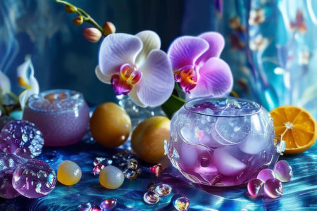 Captivating purple orchid beside glass filled with ice, lemon, and colorful spheres. Ideal for fresh, vibrant designs in wellness, floral, or culinary contextsの素材