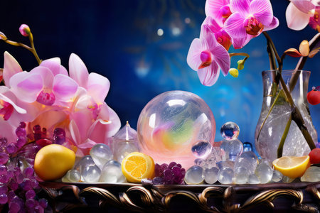 Purple orchid with ice-filled glass, lemon, and colorful spheres. Bright, modern aesthetic suitable for beverage, wellness, or floral promotions. Eye-catching and freshの素材