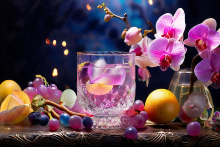 Purple orchid with ice-filled glass, lemon, and colorful spheres. Bright, modern aesthetic suitable for beverage, wellness, or floral promotions. Eye-catching and freshの素材