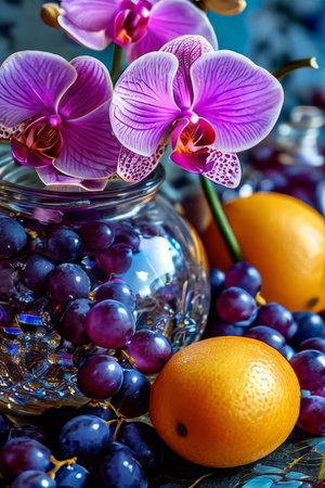 Purple orchid with ice-filled glass, lemon, and colorful spheres. Bright, modern aesthetic suitable for beverage, wellness, or floral promotions. Eye-catching and freshの素材