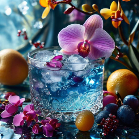 Dynamic scene with purple orchid, crystal glass of ice, lemon, and colorful spheres. Vibrant colors and modern design perfect for beverage or wellness themesの素材