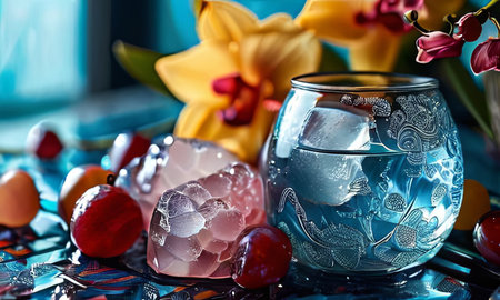 Dynamic scene with purple orchid, crystal glass of ice, lemon, and colorful spheres. Vibrant colors and modern design perfect for beverage or wellness themesの素材