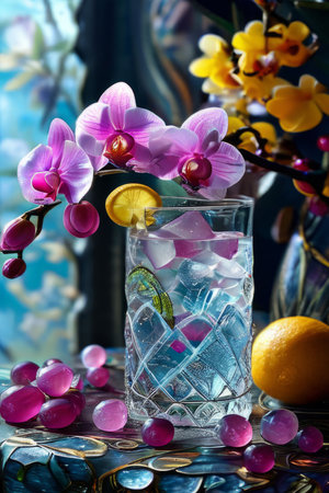 Stunning purple orchid next to ice-filled glass, lemon, and vibrant spheres. Ideal for fresh, colorful compositions in floral, beverage, or wellness sectorsの素材