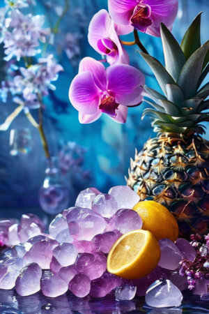 Stunning purple orchid next to ice-filled glass, lemon, and vibrant spheres. Ideal for fresh, colorful compositions in floral, beverage, or wellness sectorsの素材
