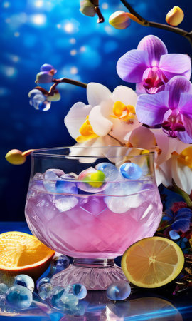 Stunning purple orchid next to ice-filled glass, lemon, and vibrant spheres. Ideal for fresh, colorful compositions in floral, beverage, or wellness sectorsの素材