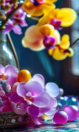 Stunning purple orchid next to ice-filled glass, lemon, and vibrant spheres. Ideal for fresh, colorful compositions in floral, beverage, or wellness sectorsの素材