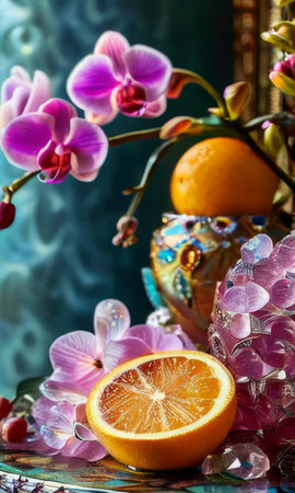Stunning purple orchid next to ice-filled glass, lemon, and vibrant spheres. Ideal for fresh, colorful compositions in floral, beverage, or wellness sectorsの素材