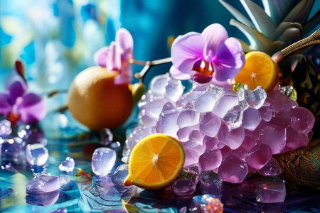 Purple orchid, ice-filled glass, lemon, and vibrant spheres. Fresh and modern, perfect for wellness, beverage, or floral themes. Bright and visually appealingの素材
