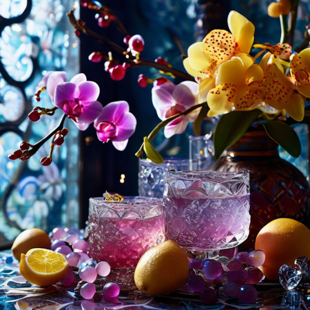 Beautiful purple orchid with ice-filled glass, lemon, and colorful spheres. Modern and fresh design ideal for vibrant, eye-catching promotionsの素材