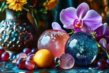 Beautiful purple orchid with ice-filled glass, lemon, and colorful spheres. Modern and fresh design ideal for vibrant, eye-catching promotionsの素材