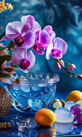 Beautiful purple orchid with ice-filled glass, lemon, and colorful spheres. Modern and fresh design ideal for vibrant, eye-catching promotionsの素材