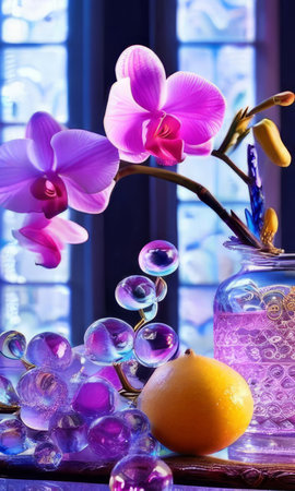 Beautiful purple orchid with ice-filled glass, lemon, and colorful spheres. Modern and fresh design ideal for vibrant, eye-catching promotionsの素材
