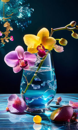 Elegant purple orchid, ice-filled glass, lemon, and colorful spheres. Bright, modern aesthetic ideal for floral, wellness, or beverage themesの素材