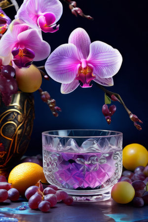 Purple orchid beside ice-filled glass, lemon, and vibrant spheres. Fresh and visually appealing, perfect for wellness, floral, or culinary designsの素材