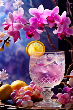 Purple orchid beside ice-filled glass, lemon, and vibrant spheres. Fresh and visually appealing, perfect for wellness, floral, or culinary designsの素材