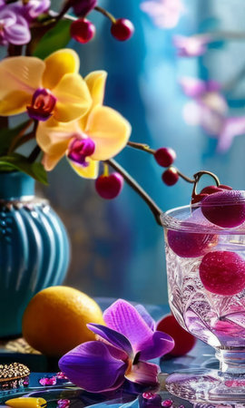 Beautiful purple orchid, ice-filled glass, lemon, and colorful spheres. Bright, modern aesthetic perfect for floral, wellness, or beverage themesの素材