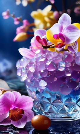 Beautiful purple orchid, ice-filled glass, lemon, and colorful spheres. Bright, modern aesthetic perfect for floral, wellness, or beverage themesの素材