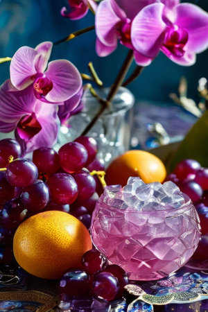 Vibrant composition featuring purple orchid, glass with ice cubes, yellow lemon, colorful spheres. Modern, fresh aesthetic ideal for beverage, wellness, floral themes. Bright, enticing colorsの素材