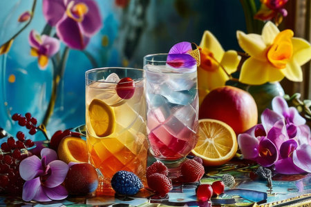 Vibrant composition featuring purple orchid, glass with ice cubes, yellow lemon, colorful spheres. Modern, fresh aesthetic ideal for beverage, wellness, floral themes. Bright, enticing colorsの素材