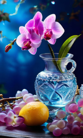 Vibrant composition featuring purple orchid, glass with ice cubes, yellow lemon, colorful spheres. Modern, fresh aesthetic ideal for beverage, wellness, floral themes. Bright, enticing colorsの素材