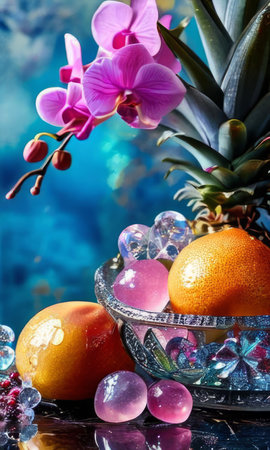 Vibrant composition featuring purple orchid, glass with ice cubes, yellow lemon, colorful spheres. Modern, fresh aesthetic ideal for beverage, wellness, floral themes. Bright, enticing colorsの素材