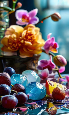 Vibrant composition featuring purple orchid, glass with ice cubes, yellow lemon, colorful spheres. Modern, fresh aesthetic ideal for beverage, wellness, floral themes. Bright, enticing colorsの素材