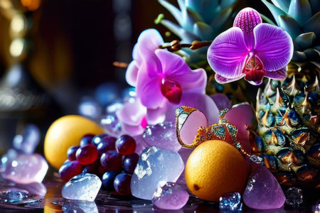 Vibrant composition featuring purple orchid, glass with ice cubes, yellow lemon, colorful spheres. Modern, fresh aesthetic ideal for beverage, wellness, floral themes. Bright, enticing colorsの素材